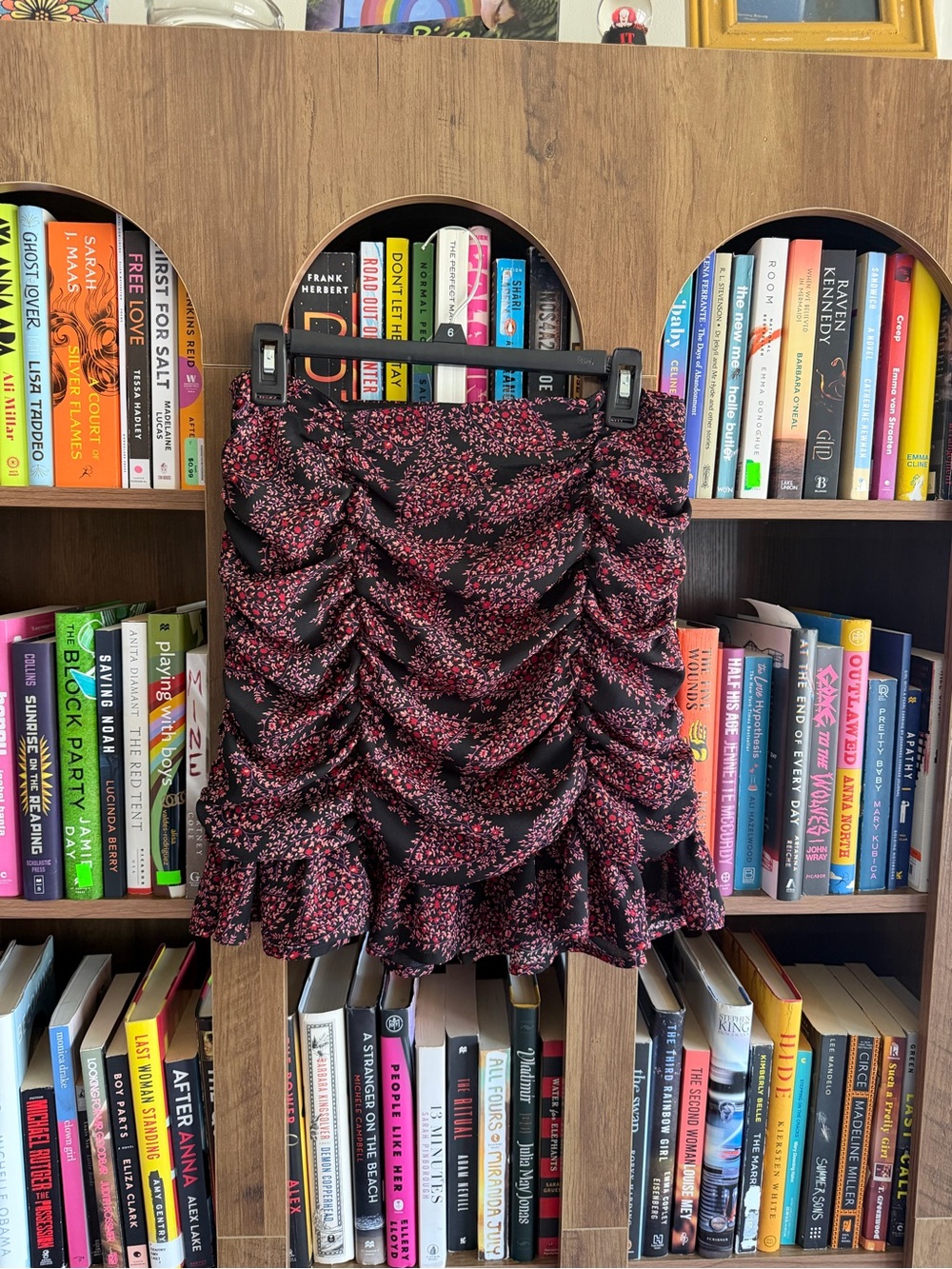 Black & Pink Ruched Floral Mini Skirt